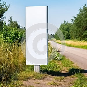 Vertical white empty billboard with copy space for advertising, lightbox canvas mock up on village road background in