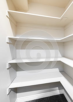 Vertical White linen closet with wall mounted shelves and carpeted floor
