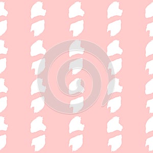 Vertical white stripes on pink background. Painted with strokes of rough brush. Seamless pattern.