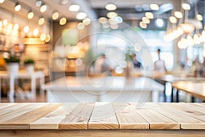 Vertical white table presentation, desk and blur background, Empty wood counter, shelf surface over blur restaurant white bokeh photo