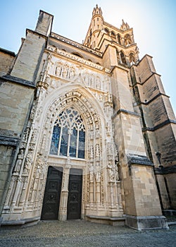 Vertical wide angle view of the front of the Cathedral of Notre Dame of Lausanne an evangelical reformed church Lausanne Vaud