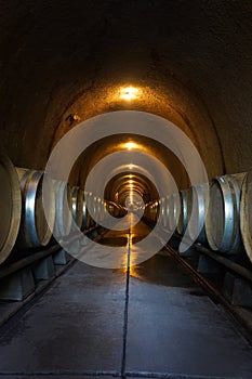 Vertical Wine Barrel Storage in Cellar Cave