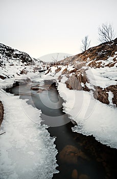 Vertical winter frozen river flowing landscaped