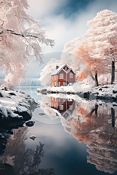 vertical winter landscape small red wooden house on the lake in the forest