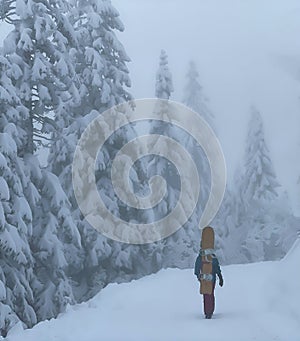 VERTICAL: Woman on snowboarding vacation treks along trail on a foggy morning.