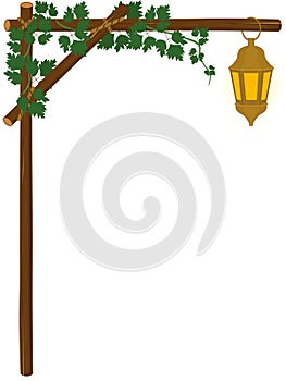 Vertical wood branch arch frame with grape ivy vines and lantern vector illustration