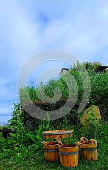 Vertical of wooden barrels on the grass, cloudy sky background