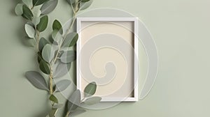 Vertical wooden frame and eucalyptus leaves on the wall mockup