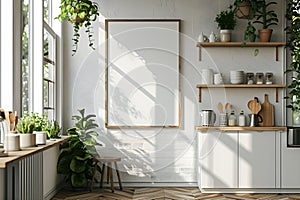 Vertical wooden frame mock up. Modern rustic kitchen with white brick wall.