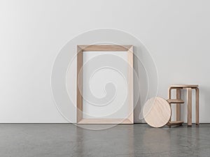 Vertical Wooden Frame Mockup standing on the floor with plywood chairs