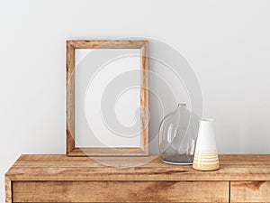 Vertical Wooden Frame poster Mockup standing on bureau
