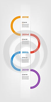 Vertical years steps timeline infographics - can illustrate a strategy, workflow or team work, vector flat color