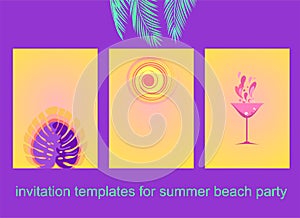 Vertical yellow posters for summery party invitation, editable template for social networks stories, seasonal sale, summer discoun