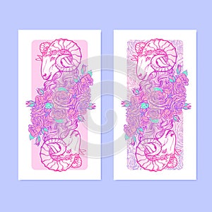 Verticall banners with Zodiac Aries and a decorative frame of roses. Astrology web element