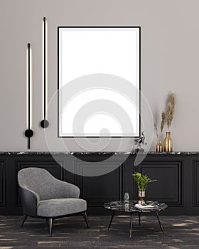 Verticall Frame Mock Up hanging on the Wall in Living Room 3D-Illustration