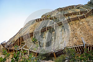 Vertiginous impressive hanging footbridges of Montfalco., Spain