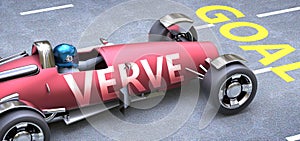 Verve helps reaching goals, pictured as a race car with a phrase Verve as a metaphor of Verve playing important role in getting