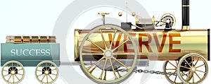 Verve and success - symbolized by a retro steam car with word Verve pulling a success wagon loaded with gold bars to show that photo
