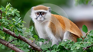 Vervet monkey looking directly at camera in tree