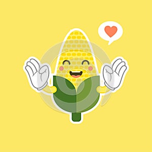 Very adorable corn character. Cute funny corn in cartoon kawai style. Vector isolate on color background