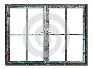 Very aged wooden window frame with cracked paint on it, mounted on a grunge wall