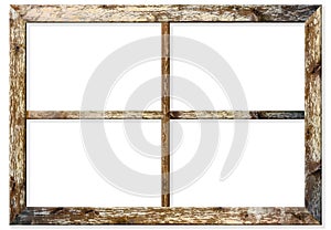 Very aged wooden window frame with cracked paint on it, mounted on a grunge wall