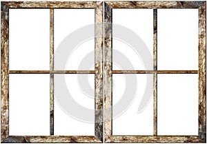 Very aged wooden window frame with cracked paint on it, mounted on a grunge wall