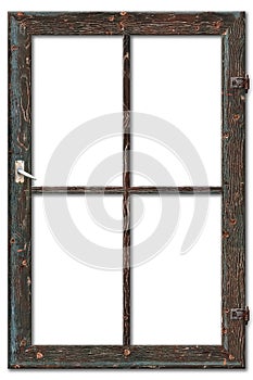 Very aged wooden window frame with cracked paint on it, mounted on a grunge wall