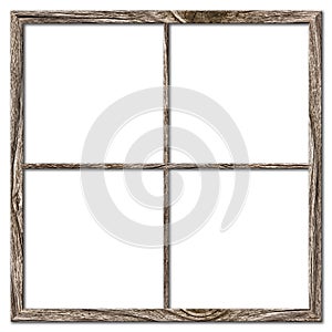 Very aged wooden window frame with cracked paint on it, mounted on a grunge wall