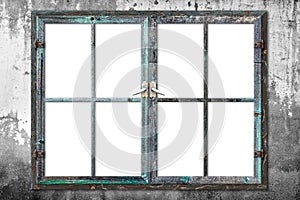 Very aged wooden window frame with cracked paint on it, mounted on a grunge wall