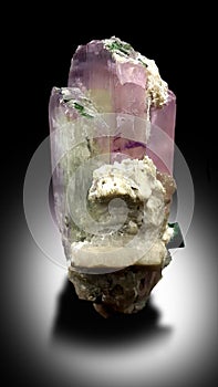 very amazing bi color lilac and yellow kunzite var spodumene crystal with green tourmaline and albite Mineral specimen photo