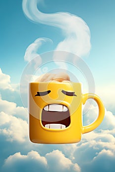 very angry yellow coffee mug in the clouds is swearing and cursing.