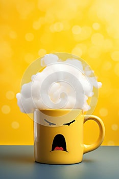 very angry yellow coffee mug in the clouds is swearing and cursing.