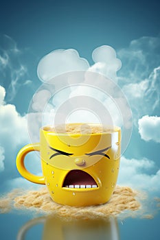 very angry yellow coffee mug in the clouds is swearing and cursing.