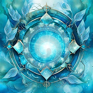 Very artistic picture of zodiac signs in circle and blue nature around