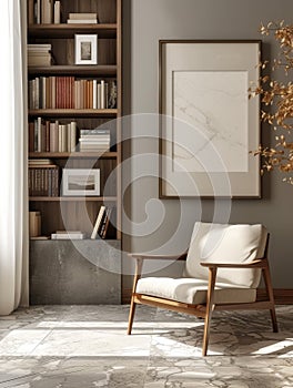 Very artistic style modern library room with empty vertical photo frame on the wall, minimal design, very warm, white, gray, beige
