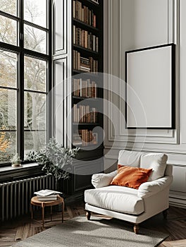 Very artistic style modern library room with empty vertical photo frame on the wall, minimal design, very warm, white, gray, beige