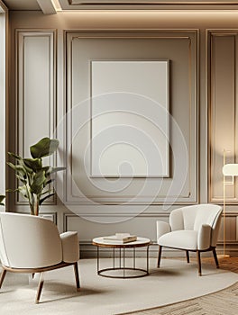 Very artistic style modern library room with empty vertical photo frame on the wall, minimal design, very warm, white, gray, beige