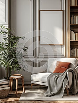 Very artistic style modern library room with empty vertical photo frame on the wall, minimal design, very warm, white, gray, beige