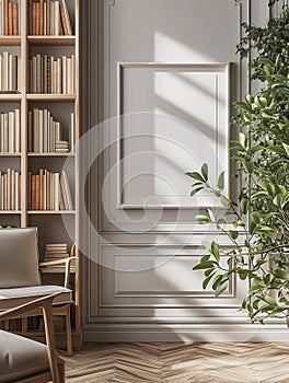 Very artistic style modern library room with empty vertical photo frame on the wall, minimal design, very warm, white, gray, beige