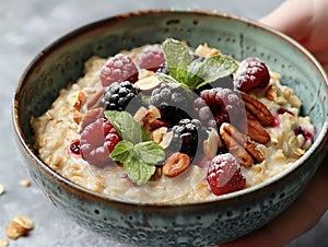 Very attractive and tasty oatmeal with berries and nuts