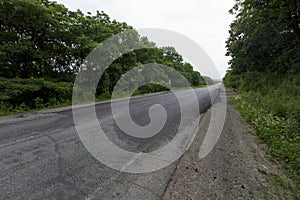 Very bad road in Russia. The asphalt road is all in holes in the middle of the forest.