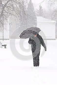 Very bad weather in a city in winter: heavy snowfall and blizzard. Male pedestrian hiding from the snow under umbrella, vertical