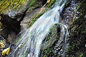 Very beautiful artificial waterfalls with living water and growing moss. Water flows from above