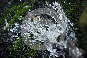 Very beautiful artificial waterfalls with living water and growing moss. Water flows from above