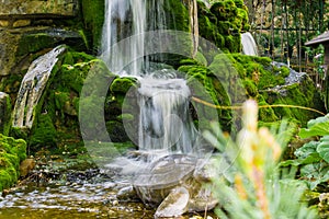 Very beautiful artificial waterfalls with living water and growing moss. Water flows from above, splashes and drops around