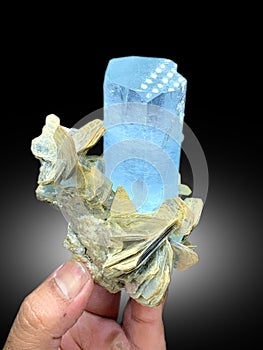 very beautiful deep blue aquamarine with microcline feldspar matrix mineral specimen from shigar valley Pakistan photo