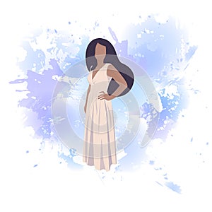 Very beautiful, elegant woman in a long white dress on a blue background. Vector. Flat cartoon style. The personification of