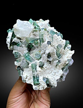 very beautiful green tourmaline elbaite cluster on matrix mineral specimen from Afghanistan