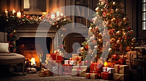 Very beautiful house interior, sitting room decorated with Christmas tree, gift boxes, fireplace and lights